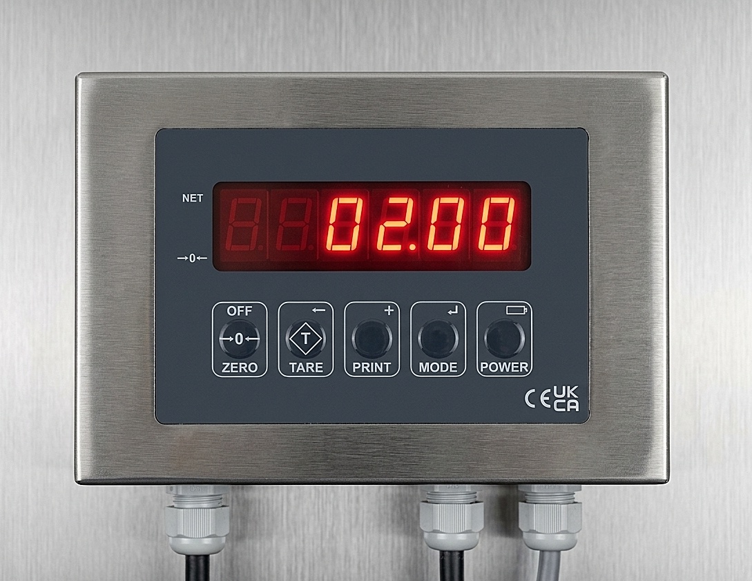JUNIOR digital weigh terminal, front view, stainless steel enclosure with 6-digit red LED display and five-key keypad